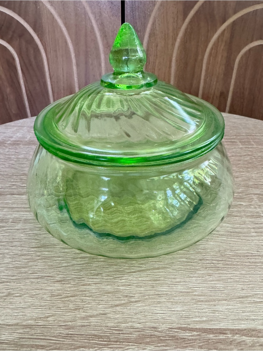Uranium Green Glass Candy Dish with Lid Vintage Anchor Hocking Spiral